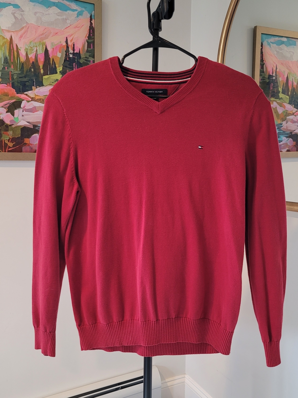 TOMMY HILFIGER Red V-neck 100% Cotton Sweater Preppy Nautical Men's Size L